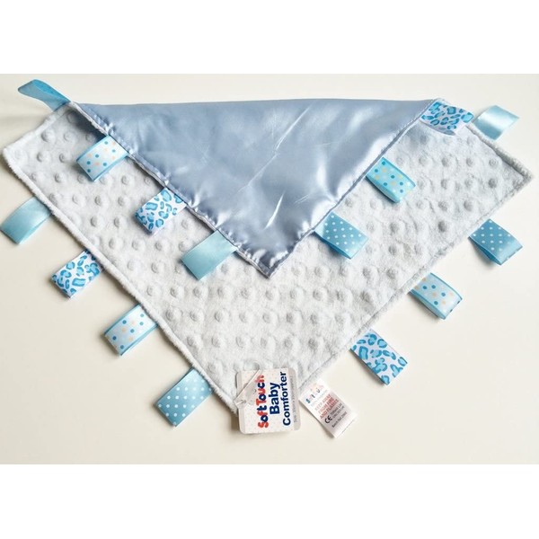 Soft Touch Comforter Blanket with taggies. Taggie Comforter/Comfort Blanket. Great Gift. (Blue Taggie Blanket)