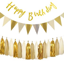 Happy Birthday Decoration Banner Paper Pennant Thin Paper Tassels Yellow Gold Glitter Gold Party Decorations Suitable for Baby Shower, Birthday, Family Party Wedding Wall Decoration