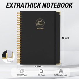 Nicpro Spiral Notebook 8.5'' x 11'', A4 Large Black Hardcover Notebook Journal for Women Men, 300 Page 100 GSM Paper, College Ruled Notebook for School Note Taking Work Business Journal Daily Writing
