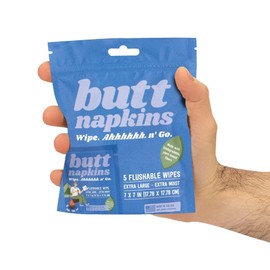 Butt Napkins - Water-Based Flushable Wipes, Individually Wrapped, For On-The-Go & Travel, Running, Camping, Festivals. Unscented & Hypoallergenic, Adult Sized (Camping, 5 Count (Pack of 1))
