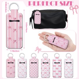 Yeyeplum 12 Pcs Pink Bow Lipstick Holder Keychain Bulk Cute Pocket Lip Balm Holder Keychain Backpack Purse Accessories for Women Lip Gloss Sleeve Pouch, 6 Style