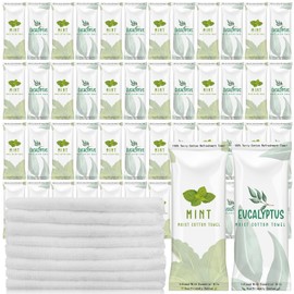 50 Pcs Moist Towelettes Individually Wrapped Scented Disposable Face Towels Essential Oil Infused Moist Terry Cotton Towel for Use Hot or Cold Travel Body Spa (Mint, Eucalyptus Leaves)
