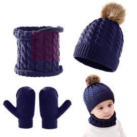Juego de 3 guantes de gorro y bufanda para bebé, gorro de punto, guantes cálidos de invierno, calentador de cuello para niños y niñas de 0 a 3 años, Azul Marino, Talla única