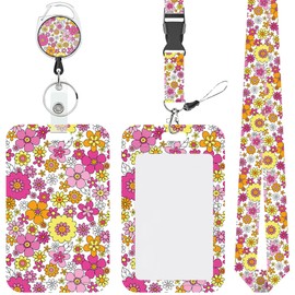 Lanyards for ID Badges Vintage Groovy Floral Retractable Badge Holder Removable Lanyard Keychain Vertical ID Protective Holder for Nurse Teacher Student Office
