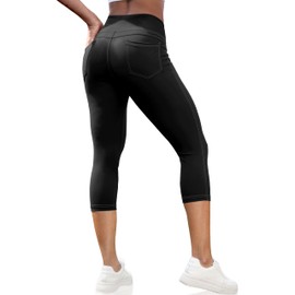 VOOVEEYA Capri Leggings for Women, High Waisted Yoga Pants with Back Pockets Crop Workout Capris Pants (Capri Solid Black L)