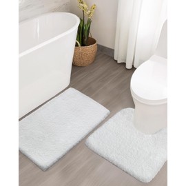 ILANGO White Bathroom Rugs Sets 2 Piece Non Slip Bath Mats Washable for Floor Absorbent Bath Rugs for Tub Shower Fluffy Shaggy Bath Mat Rug Set U-Shaped Toilet Rugs 17" x 24" + 20" x 24"