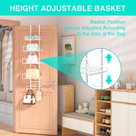HapiRm Over Door Purse Organizer - Adjustable Purse Storage Rack with Bags Design Metal Basket, Wall Mounted Handbag Organizer, Hanging Handbag Holder, Can Use As 1/2 Part Detachable, White