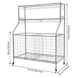 Rolling Garage Sports Equipment Organizer Carbon Steel Ball Storage Rack Holder with Hooks and Wheels Freestanding Basketball Storage Cart for Indoor Outdoor Sports Gear Toys Organization (Silver)