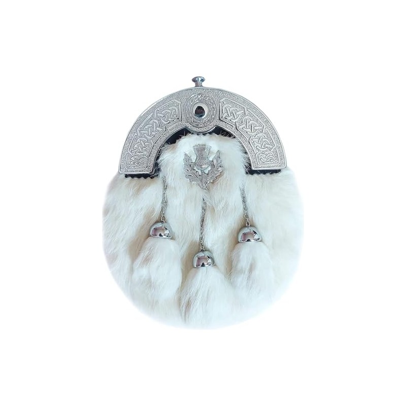 SITARAZ FULL DRESS KILT SPORRAN WHITE FUR, THISTLE BADGE, CHROME