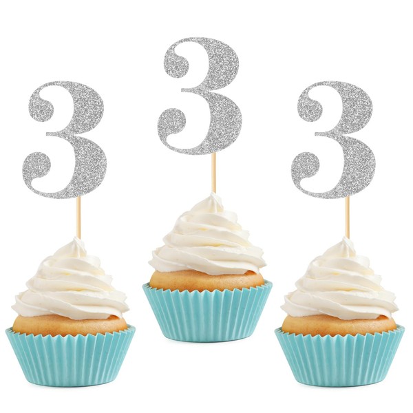 24 piezas de adornos para cupcakes de 3er cumpleaños, número 3, púas de purpurina para tartas de tercera edad, para aniversario, tercer cumpleaños, decoración de pasteles, suministros de plata