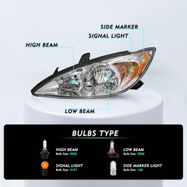 TUSDAR Headlight Assembly Fits For 2002 2003 2004 Toyota Camry Driver and Passenger Side (Chrome Housing with Amber Reflector) w/Bulbs