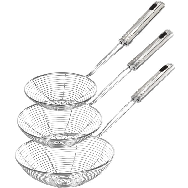 Straining Spoon Strainer, Set of 3, 19.5 x 17.5 x 13.5 cm Stainless Steel, Ladle Mesh Kitchen Strainer with Long Handle and Hanging Hole for Cooking and Frying, Dishwasher Safe