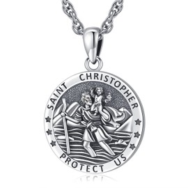 LOOVE Saint Necklace S925 Sterling Silver St Christopher Necklace for Men St Christopher Pendant Round Protection Amulet Religious Pendant Necklace Protection Jewelry for Men Women