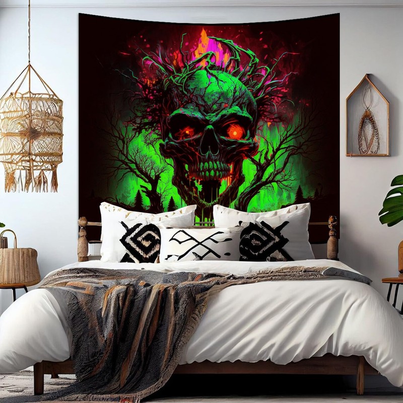 SparkLia Blacklight Fire Skull Tapestry, UV Reactive Burning Skeleton Horror