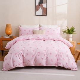 Bow Duvet Cover Set Queen Pink Kawaii Cotton Bedding 3 Pcs Princess Teen Girl Room Decor Cute Girly Comforter Cover