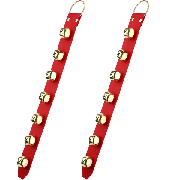 Frienda Hanging Bells 7-Bell Dog Doorbells for Door Knob Faux Leather Belts Go Outside Dog Bells Christmas Decor and Holiday Home Decorations, 18.7 x 1.8 x 1 Inches (Red with Gold)