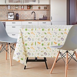 KP HOME Wipe Clean Tablecloth Reusable In Light Creame Beige - Fun Kids Safari Animals PVC Table Cover - Rectangle 200 x 140 cm - Wipeable Vinyl Table Cloth With Animal Print For Children