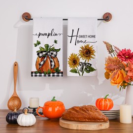 Fall Kitchen Towels 18x26 Inch Set of 4, Buffalo Plaid Sunflower Pumpkin Fall Dish Towels Seasonal Autumn Thanksgiving Home Kitchen Decor