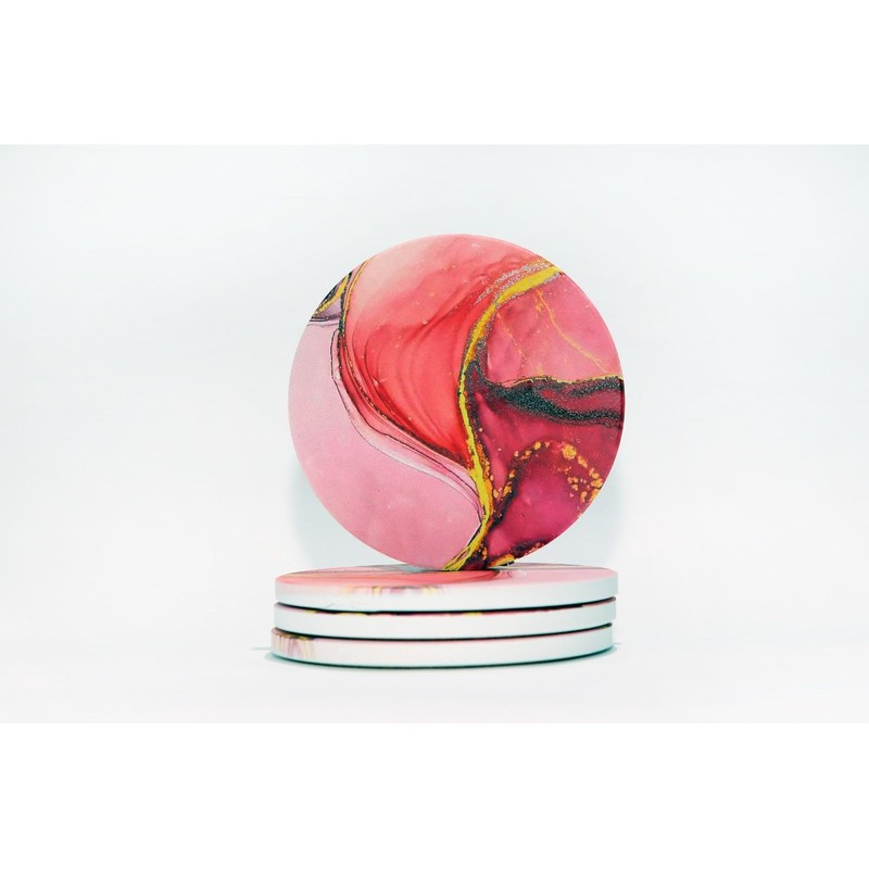 Set of 4 Ceramic Drink Coasters Pink Marble Pattern -