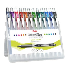 Pentel Pentel BL77-12 EnerGel Gel-Tintenroller mit Druckmechanik, 0,7 mm Kugeldurchmesser = 0,35 mm Strichstärke, nachfüllbar, aufstellbare Kunststoff-Box, Inhalt 12 Stück, farblich sortiert