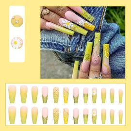 HaoTrade 24Pcs Long False Nails with Glue Stickers, French Full Cover Acrylic Nails Press on Nails Daisy Pattern Disassembled and Reused Stick on Nails for Women and Girls Nail Art （Gradient Yellow）