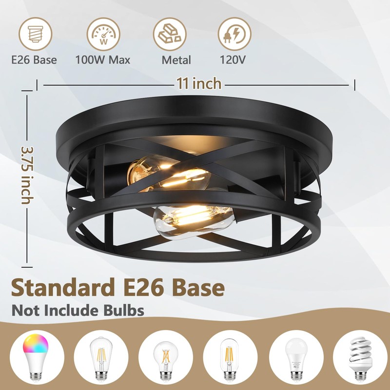 2-Light Flush Mount Ceiling Light Fixtures, 2-Pack Farmhouse Black Ceiling