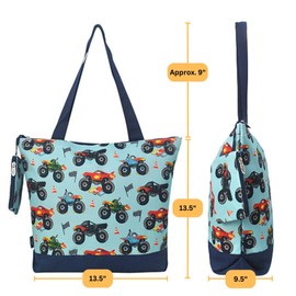 NGIL Medium Top Zipper Closure Canvas Tote Bag with Attached Matching Coin Purse For Moms and Nurses (Monster Truck-Black)