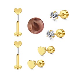 MODRSA Gold Cartilage Earring for Women Hypoallergenic Flat Back Earrings Helix Earring Tragus Studs 6mm Gold Cartilage Jewelry Threadless Flatback Surgical Steel Gold Plated Heart Earrings for Women