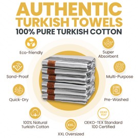 Gold CASE Turkish Beach Towel Set of 6 – 100% Cotton Large Turkish Bath Towels 70 x 38'' – OLYMPOS Extra Large, Quick Dry & Sand Free Towels – Peshtemal for Pool – Black