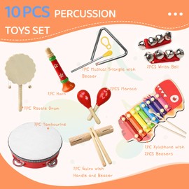 10 Pieces Toddler Drum Toy Set, Neutral Rhythm Toy Made of Wood, Boho Baby Musical Instruments, Preschool Toy with Xylophone, Percussion Instruments Gift for Boys Girls