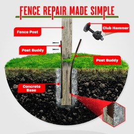 Post Buddy Pack of 4 Easy Fence Post Repair Kit (to Fix 2 Broken Wood Posts), Quick and Simple to Install, Effective, Durable Steel Stakes