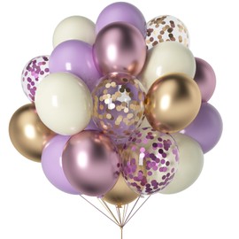 Purple & Gold Balloons - 60pcs 12inch Metallic Lavender & Champagne Balloons with Confetti for Graduation, Wedding, Birthday & Anniversary Celebrations