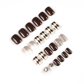 Press on Nails Square Short Brown 24Pcs Glossy Full Cover Acrylic Square False Nails with Plaids Designs Artificial Short Coffin Rhinestone Fake Nails with Glue Stick on Fingernails for Women Girls
