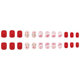 Easter Press on Nails Short Square Fake Nails Cute Bunny False Nails Easter Egg & Cloud Design Acrylic Nails Full Cover Glossy Stick on Nails for Women Girls Easter Nail Art Decoration 24Pcs