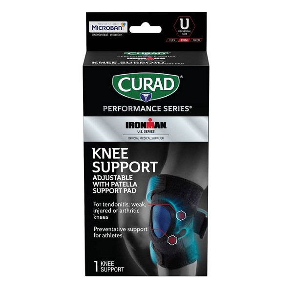 Curad Performance Series Ironman Knee Support, Adjustable with Patella Support Pad, for Tendonitis, Weak, or Injured Knees, Preventative Support for Athletes