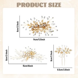 inSowni 5 Pieces Gold Metal Pearl Rhinestone Wedding Bridal Leaf Flower Hair Clips Barrettes+U-shaped Floral Hair Pins Accessories Headpieces for Brides Bridesmaids Women Girls