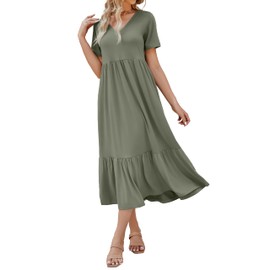 Women's 2025 Summer Short Sleeve V Neck Swing Dress Flowy Tiered Maxi Beach Sundress with Pockets Army Green