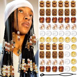 VENOFEN 60PCS Brown Hair Beads Gradient Loc Tube Bead Multiple Styles Vintage Dreadlock Accessories Gold Clear Round Beads Hair Decoration for Women and Girls