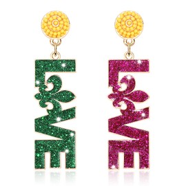 Mardi Gras Love Earrings Purple Green Gold Earring for Women Glitter Letter Fleur de Lis Carnival Earrings Holiday Gifts (Purple Green Gold 2)