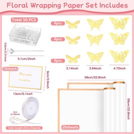 93 Pcs Flower Bouquet Wrapping Paper Kits, 20 Sheets Waterproof Floral Wrapping Paper 10 Greeting Cards 50 Flower Pins 12 Gold Butterfly 1 Roll Ribbon for Wedding Graduation Birthday