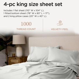 Threadmill Luxury Supima Cotton Sheets, 1000 Thread Count Soft 100% Cotton Sheets for King Size Bed, 4 Pc Light Grey King Bed Sheets Set, 5-Star Hotel Quality with Elasticized Deep Pocket King Sheets
