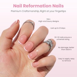 Nail Reformation Uñas postizas rosas francesas | Uñas postizas cortas cuadradas de color rosa transparente con punta francesa y acabado brillante, kit