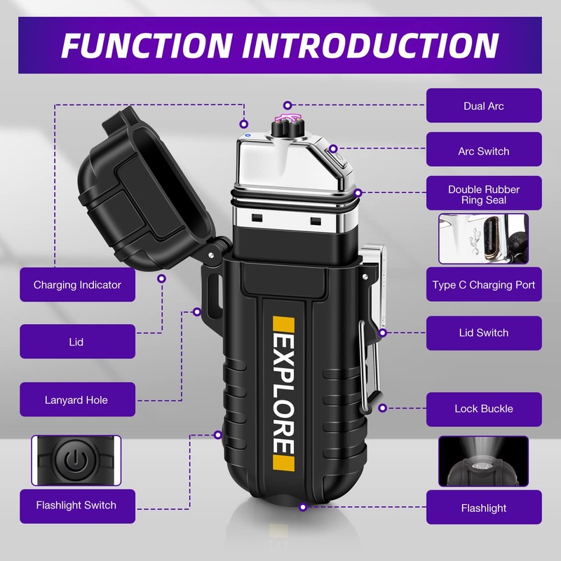 LcFun Waterproof Electric Dual Arc Lighter USB Type C Rechargeable