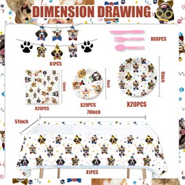 122Pcs Dog Themed Birthday Party Decorations Tableware Set Inculde Plates Napkins Knives Forks Spoons Tablecover Banner for Pet Party Serve 20 Guests