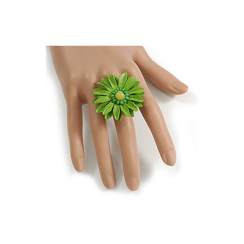 Avalaya Lime Green Leather Daisy Flower Ring - 40mm D