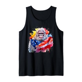 Bigfoot Watercolor Artwork American Flag 4th Of July Art USA Tank Top