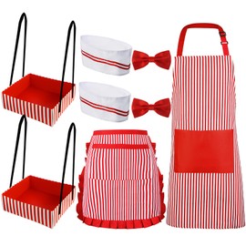 SATINIOR 8 Pcs Couple Waiter Costume Kit Circus Soda Jerk Popcorn Hot Dog Costume Apron Chef Hat Bow Ties Snack Tray for 1950s Carnival Christmas Party Cosplay
