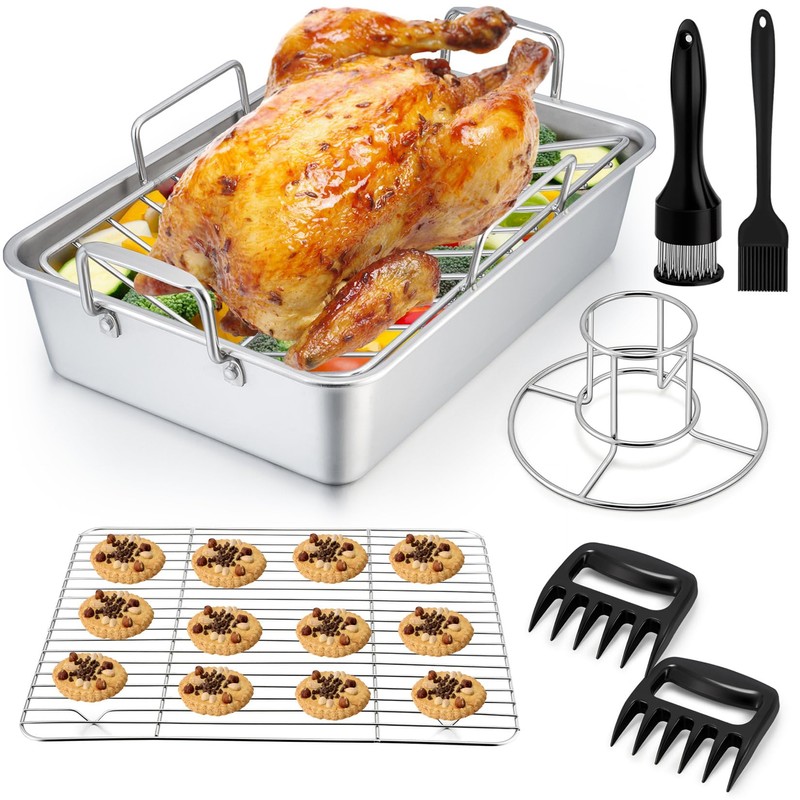 P&P CHEF Roasting Pan Set (8 PCS), 14 Inch Stainless