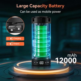 AKOFUN Camping Lights with Stand, 12000mAh Rechargeable Work Light Max Height 75”, Telescoping Portable Outdoor Lights with 3 LED Lamp Heads, Magnetic Emergency Flashlight, Detachable Tripod, Black