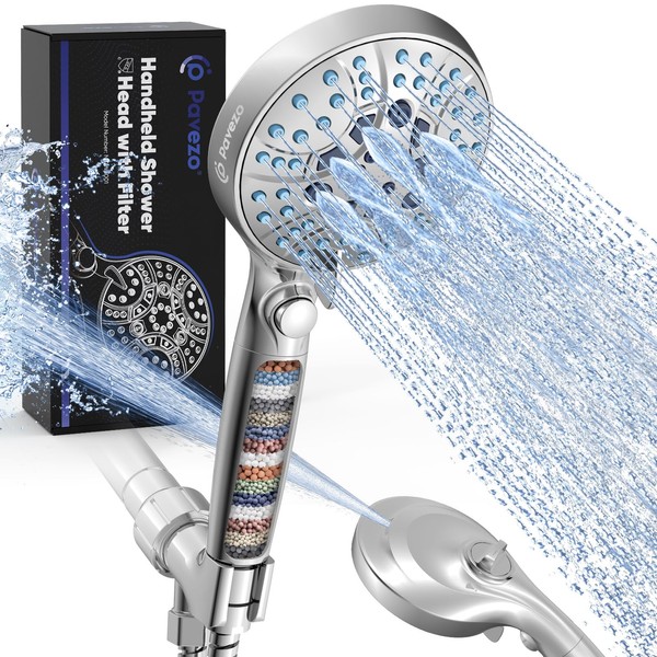 Pavezo High Pressure Handheld Shower Head with Filter, ON/OFF Switch Pause Button, 10-mode Detachable Shower Head with Hard Water Softener Filters, SS Hose, Anti-clog & Powerful to Clean Tile & Pets